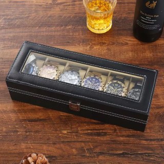 Кутия за часовници от черна кожа с 6 отделения
