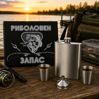 Метална манерка с две чашки и фуния в риболовна подаръчна кутия