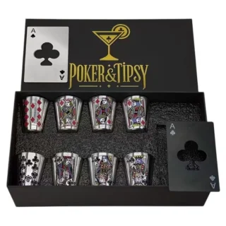 Луксозна черна кутия с надпис "Poker & Tipsy", съдържаща 8 метални шот чаши с карти и 2 отварачки Асо
